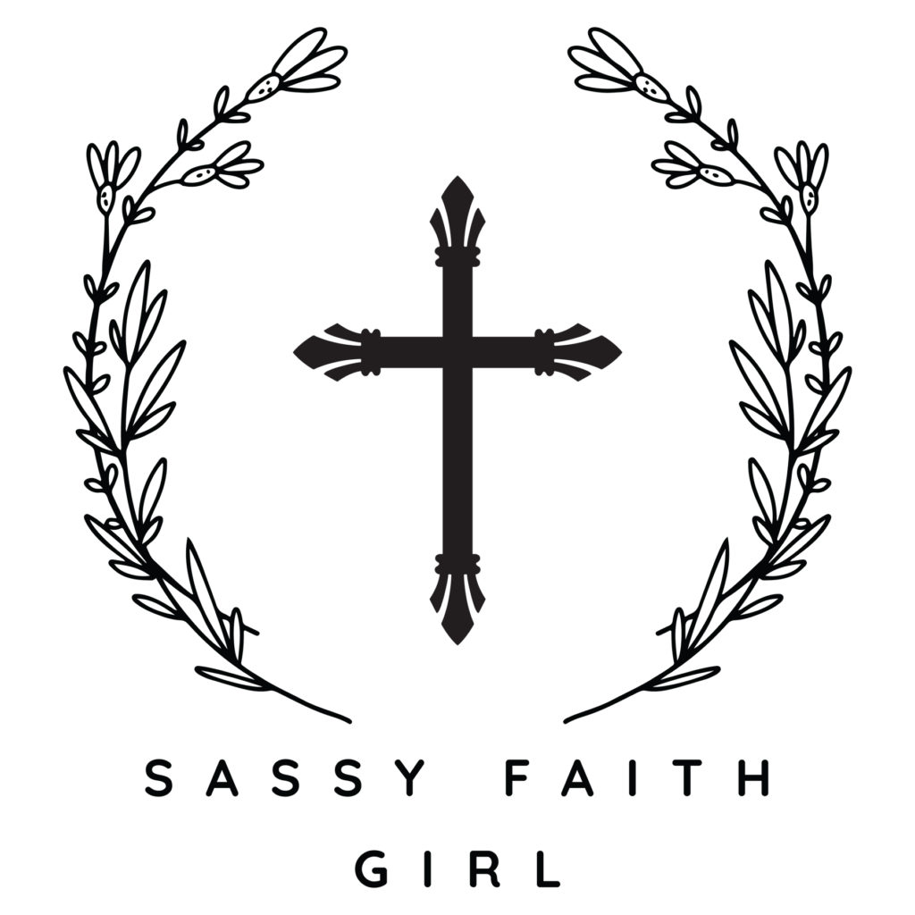 sassy faith girl christian information logo with two leaf motifs in the center a decrotive cross