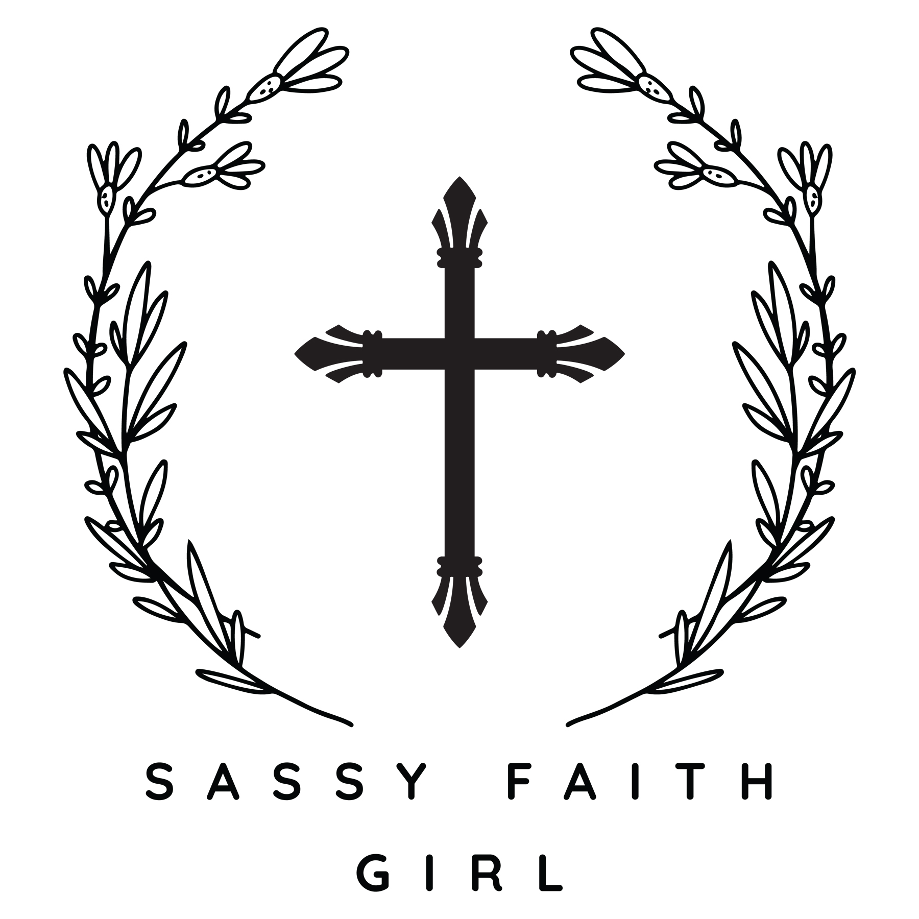 sassy faith girl christian information logo with two leaf motifs in the center a decrotive cross