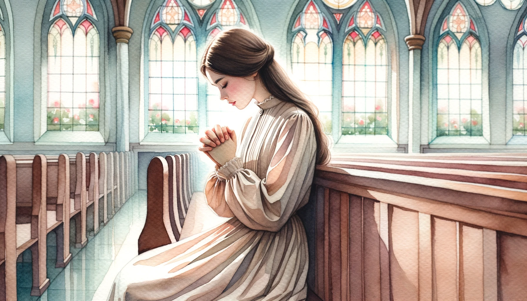 woman in deep in prayer watercolor image, sassy faith girl, daily prayer motivation for Christian meditation